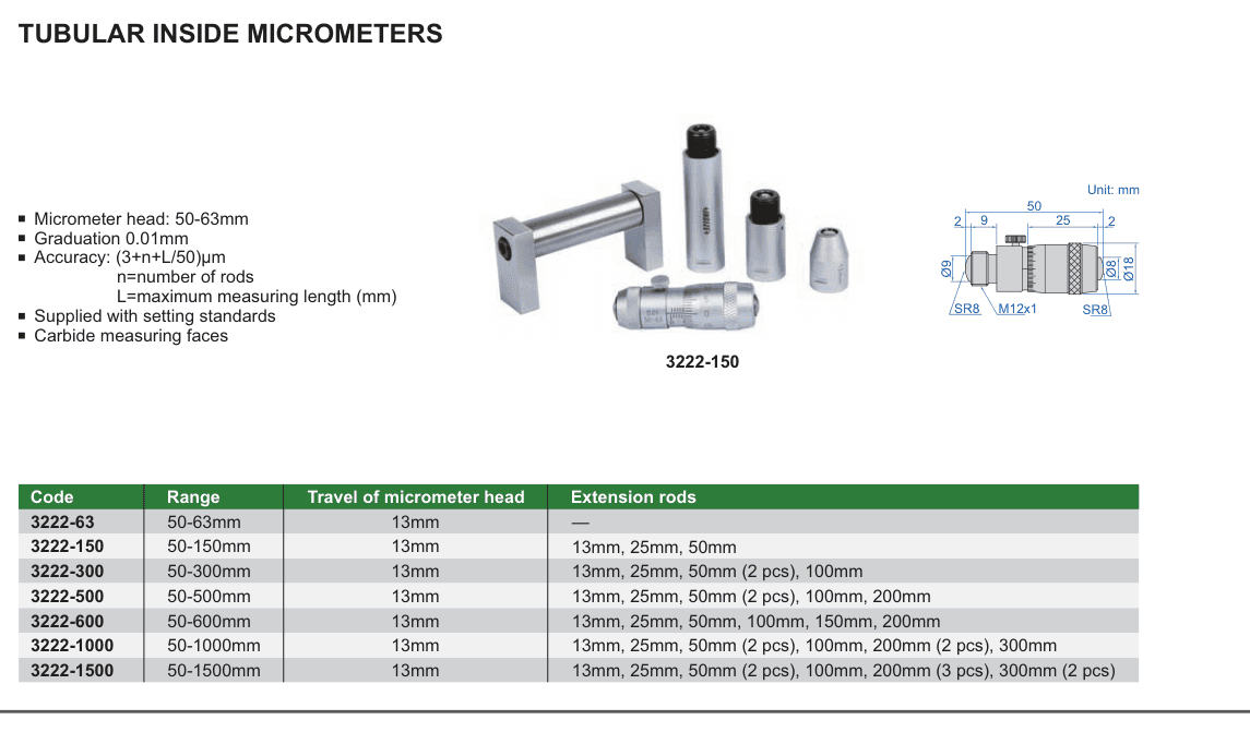 INSIZE Tubular Inside Micrometers (3222-63)