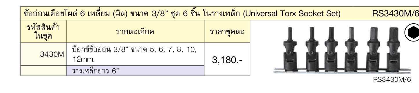 ข้ออ่อนเดือยโผล่ 6 เหลี่ยม (มิล) ขนาด 3/8” ชุด 6 ชิ้น ในรางเหล็ก (Universal Torx Socket Set)