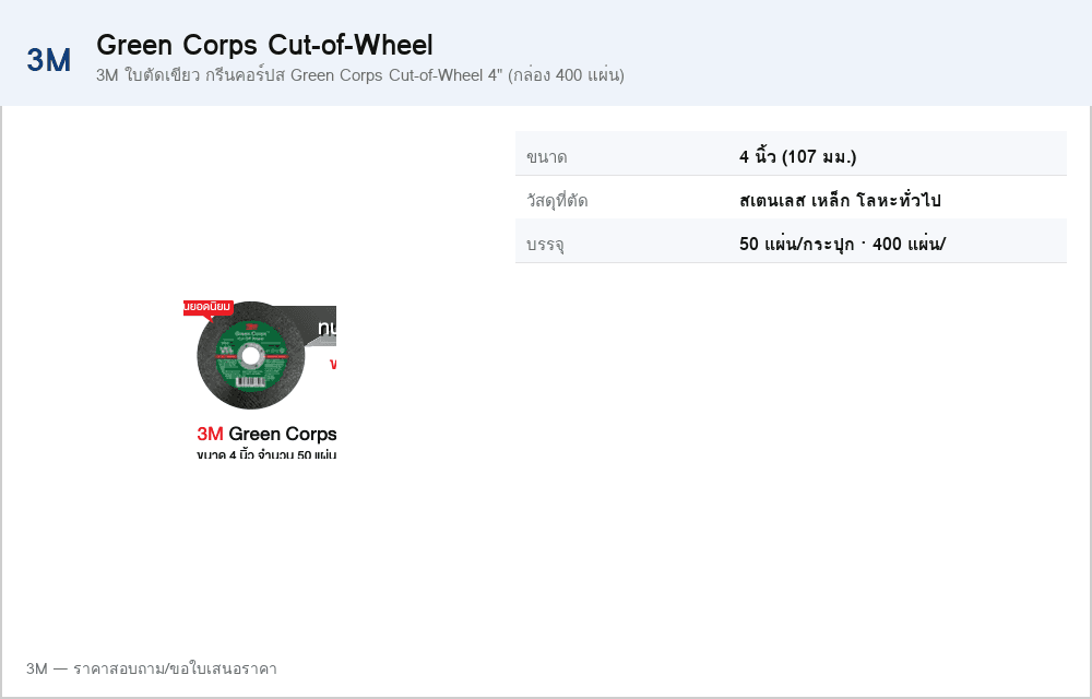 3M ใบตัดเขียว กรีนคอร์ปส Green Corps Cut-of-Wheel 4" (กล่อง 400 แผ่น)
