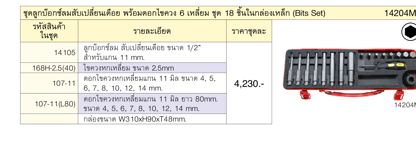 ชุดลูกบ๊อกซ์ลมสับเปลี่ยนเดือย พร้อมดอกไขควง 6 เหลี่ยม ชุด 18 ชิ้นในกล่องเหล็ก (Bits Set)