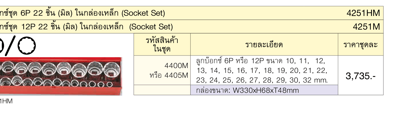 บ๊อกซ์ชุด 12P 22 ชิ้น (มิล) ในกล่องเหล็ก (Socket Set)