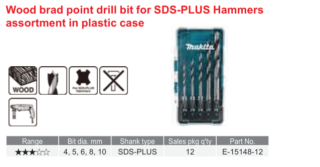 อุปกรณ์เสริม Makita — Wood brad point drill bit for SDS-PLUS Hammers assortment in plastic case