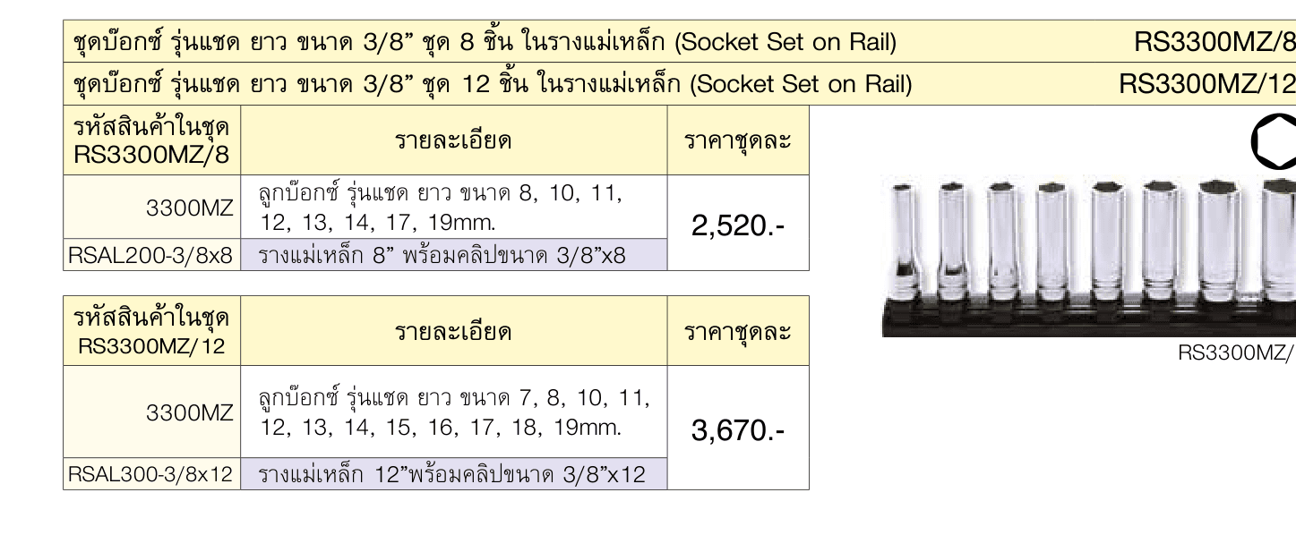 ชุดบ๊อกซ์ รุ่นแชด ยาว ขนาด 3/8” ชุด 12 ชิ้น ในรางแม่เหล็ก (Socket Set on Rail)