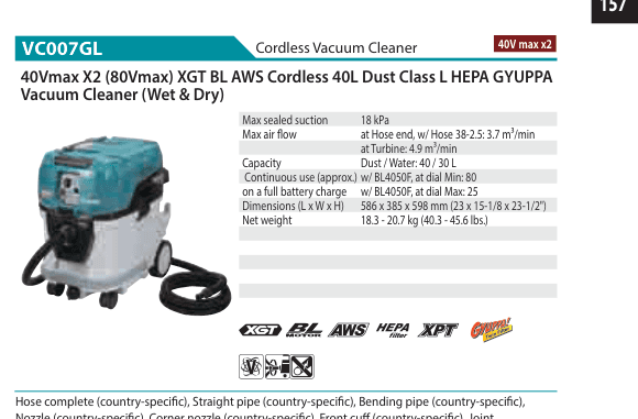 เครื่องดูดฝุ่นไร้สาย Makita VC007GL
