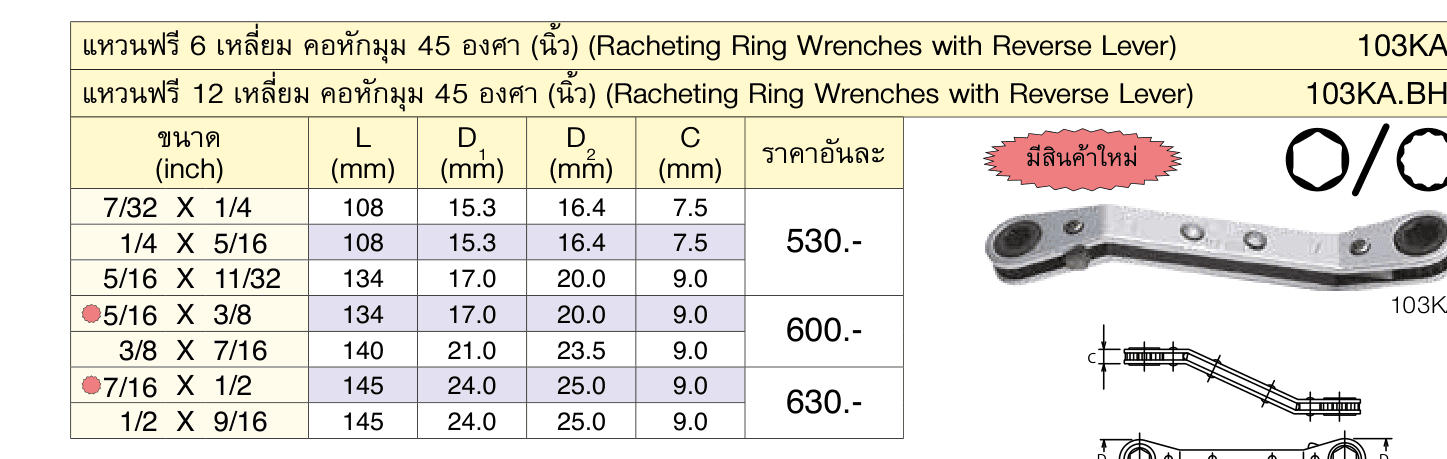 แหวนฟรี 6 เหลี่ยม คอหักมุม 45 องศา (นิ้ว) (Racheting Ring Wrenches with Reverse Lever)