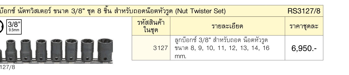 ลูกบ๊อกซ์ นัตทวิสเตอร์ ขนาด 3/8” ชุด 8 ชิ้น สำ�หรับถอดน๊อตหัวรูด (Nut Twister Set)