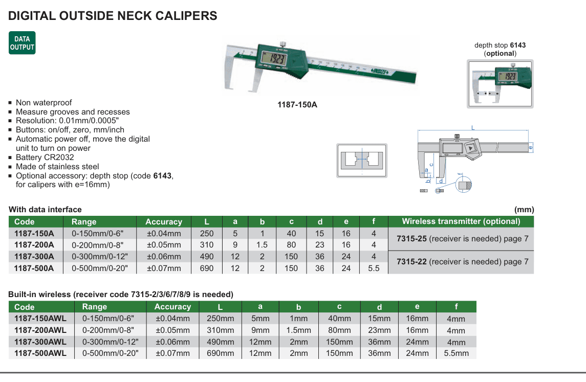 INSIZE Digital Outside Neck Calipers (1187-150A)