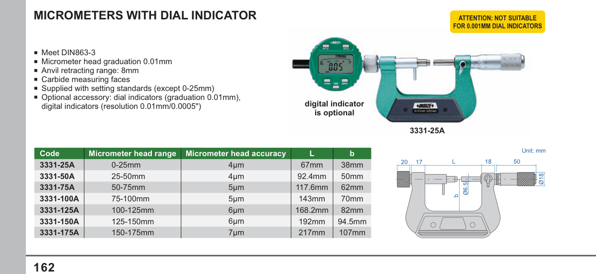 INSIZE Micrometers With Dial Indicator (3331-25A)
