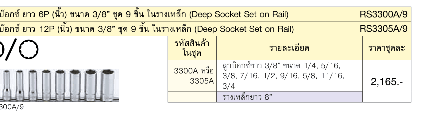 ลูกบ๊อกซ์ ยาว 6P (นิ้ว) ขนาด 3/8” ชุด 9 ชิ้น ในรางเหล็ก (Deep Socket Set on Rail)
