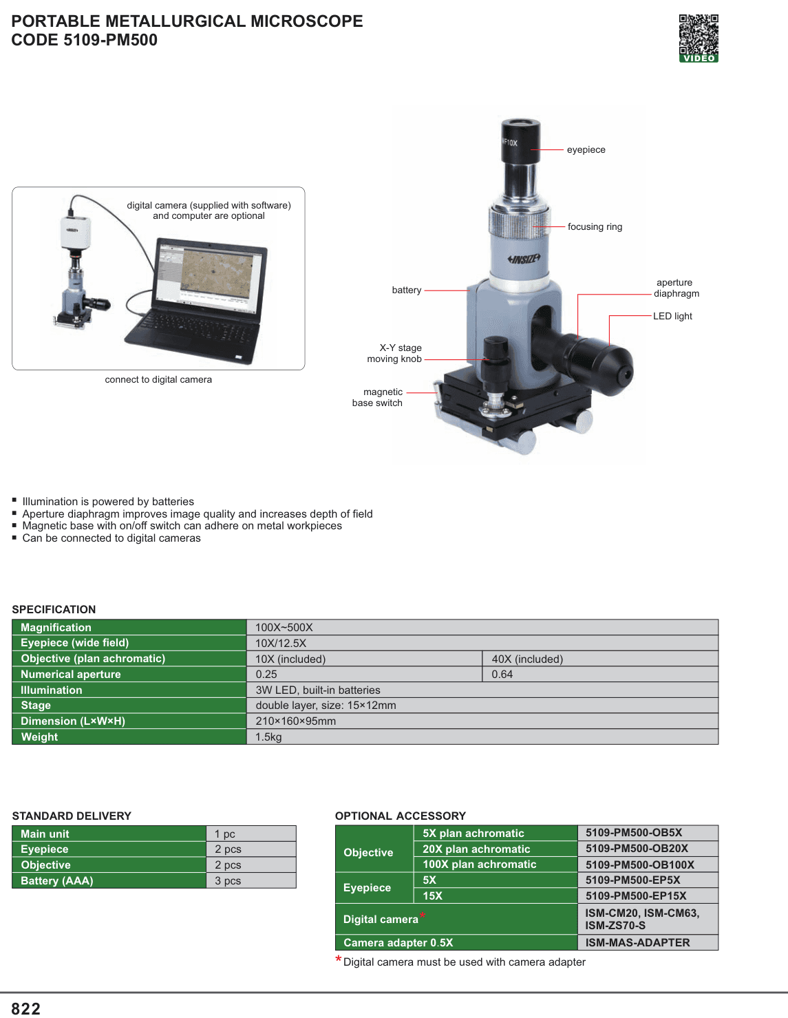 INSIZE Portable Metallurgical Microscope (5109-PM500)