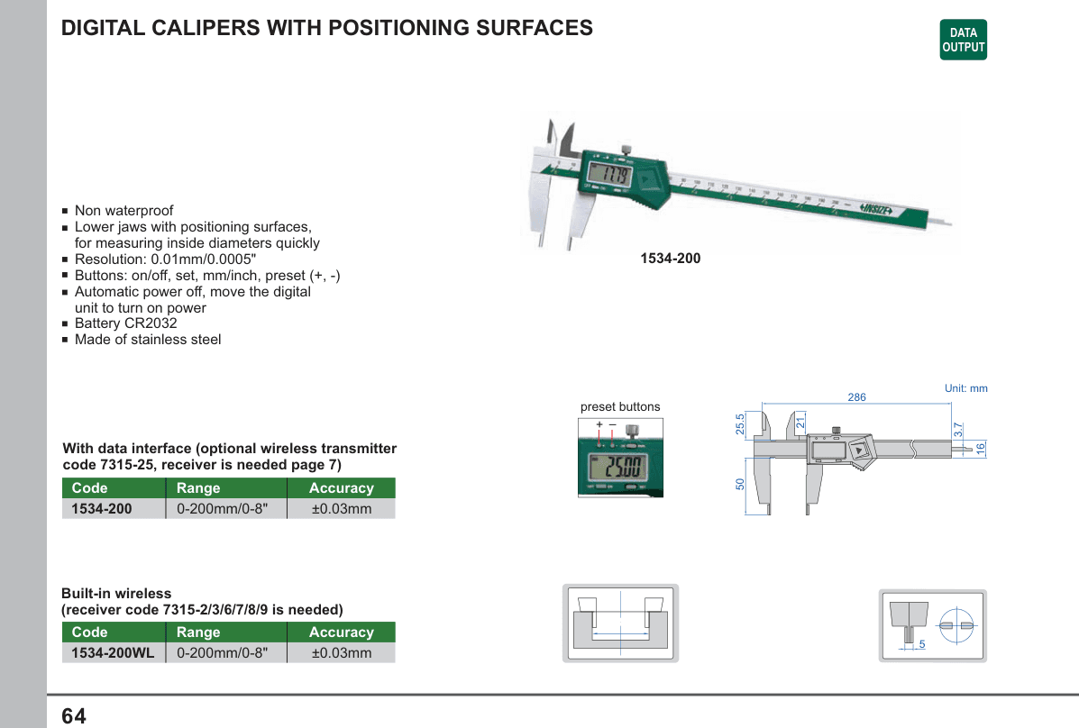 INSIZE Digital Calipers With Positioning Surfaces (1534-200)