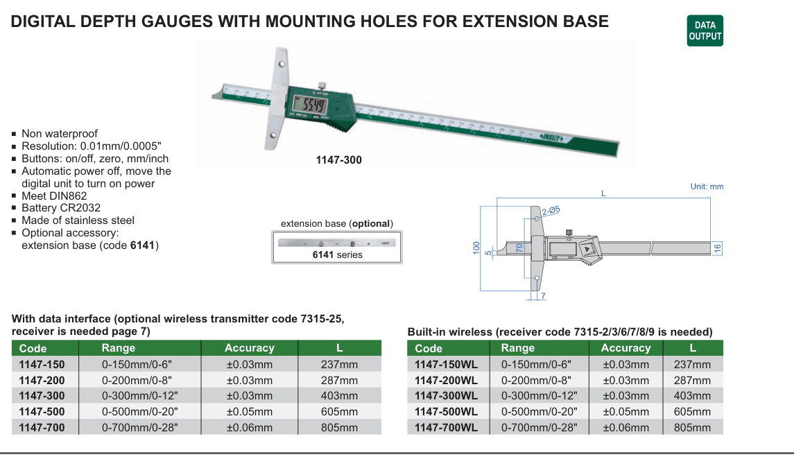 INSIZE Digital Depth Gauges With Mounting Holes For Extension Base (1147-300)