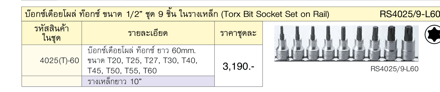 บ๊อกซ์เดือยโผล่ ท๊อกซ์ ขนาด 1/2” ชุด 9 ชิ้น ในรางเหล็ก (Torx Bit Socket Set on Rail)