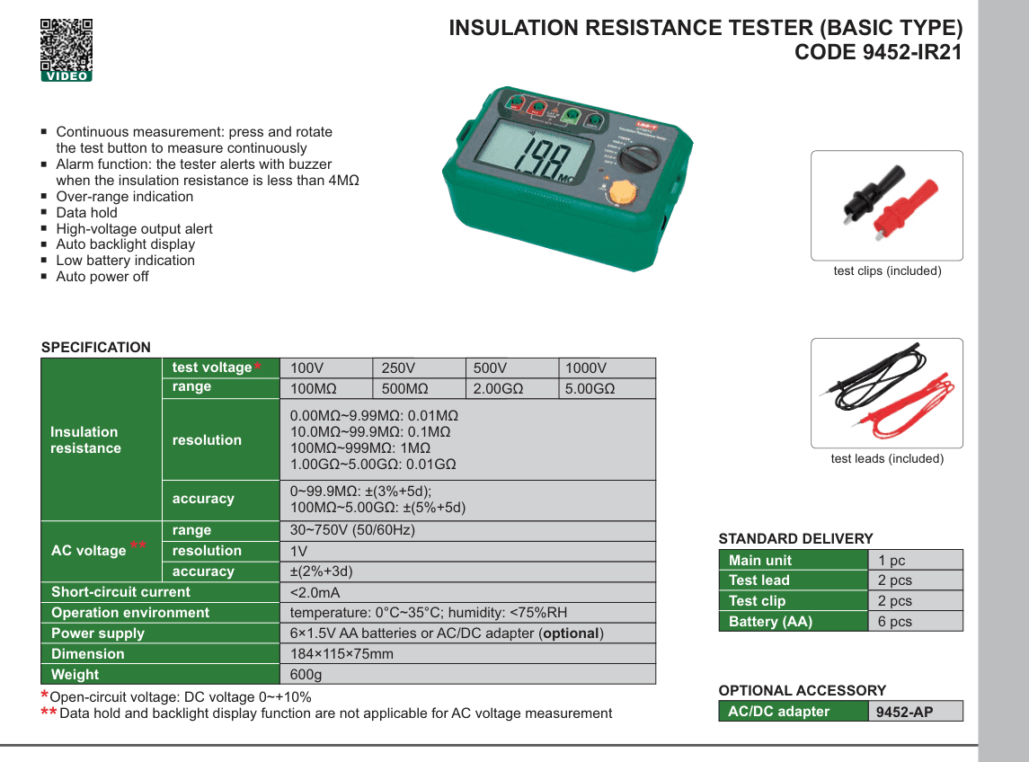 INSIZE Insulation Resistance Tester (Basic Type) (9452-IR21)