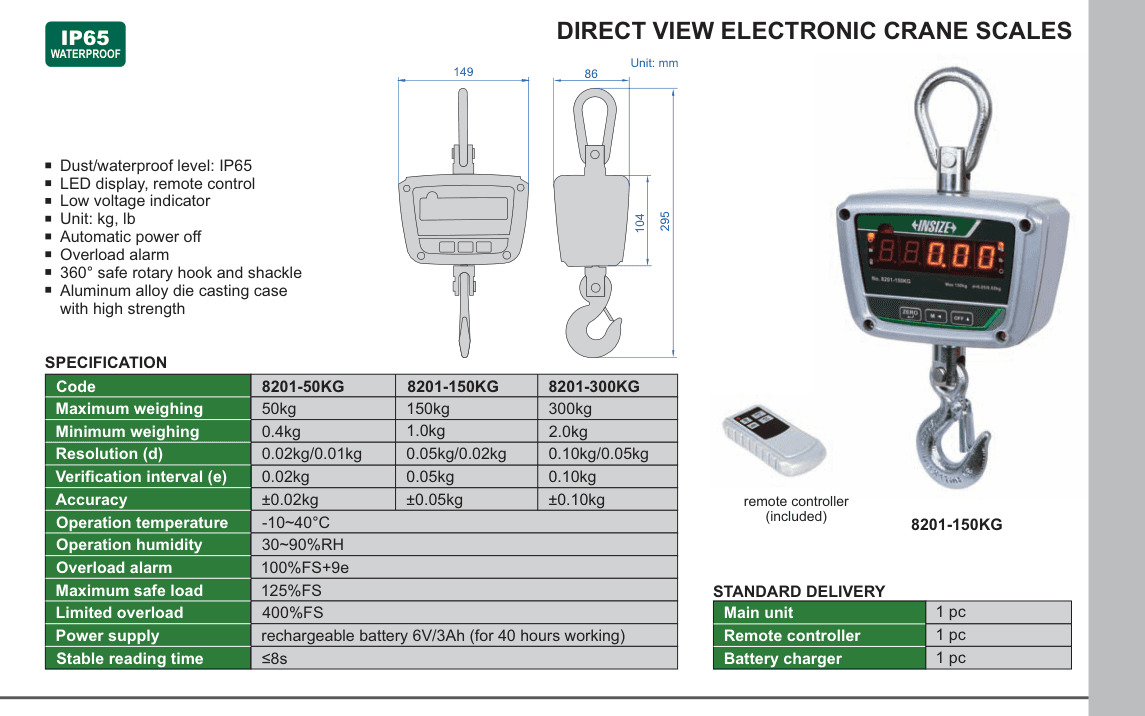 INSIZE Direct View Electronic Crane Scales (8201-150KG)