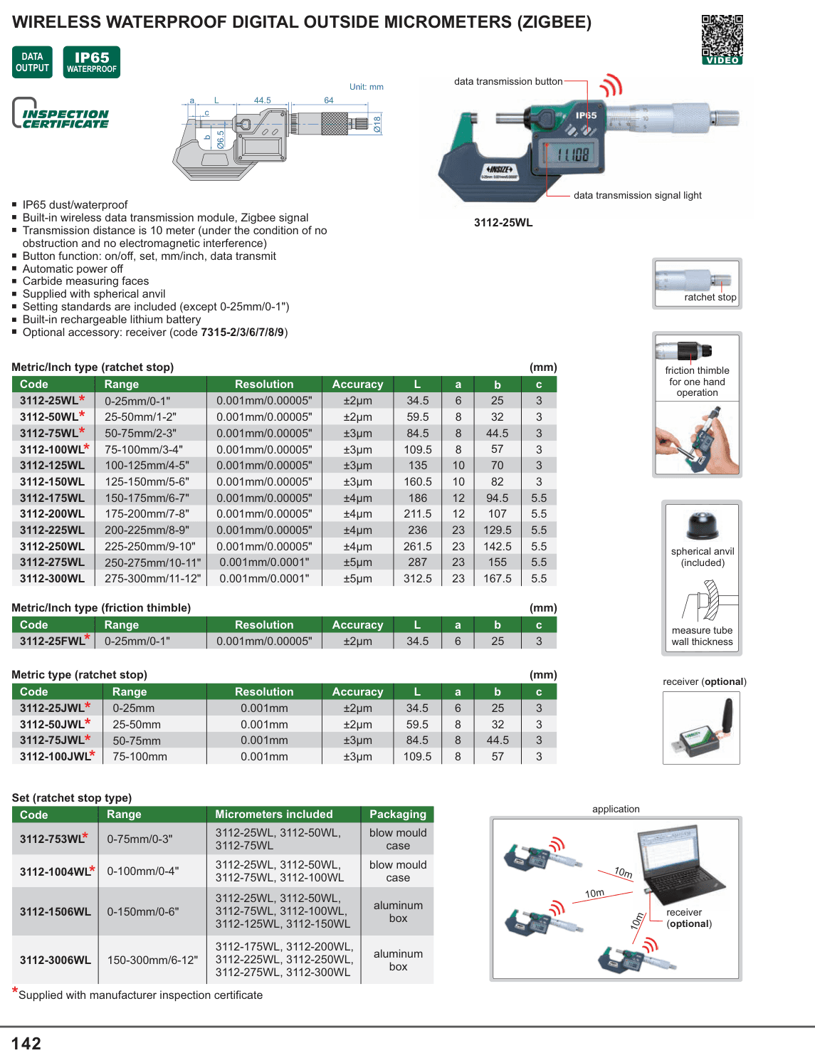 INSIZE Wireless Waterproof Digital Outside Micrometers (Zigbee) (3112-25WL)