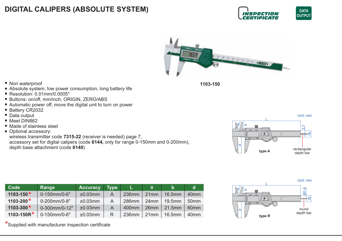 INSIZE Digital Calipers (Absolute System) (1103-150)