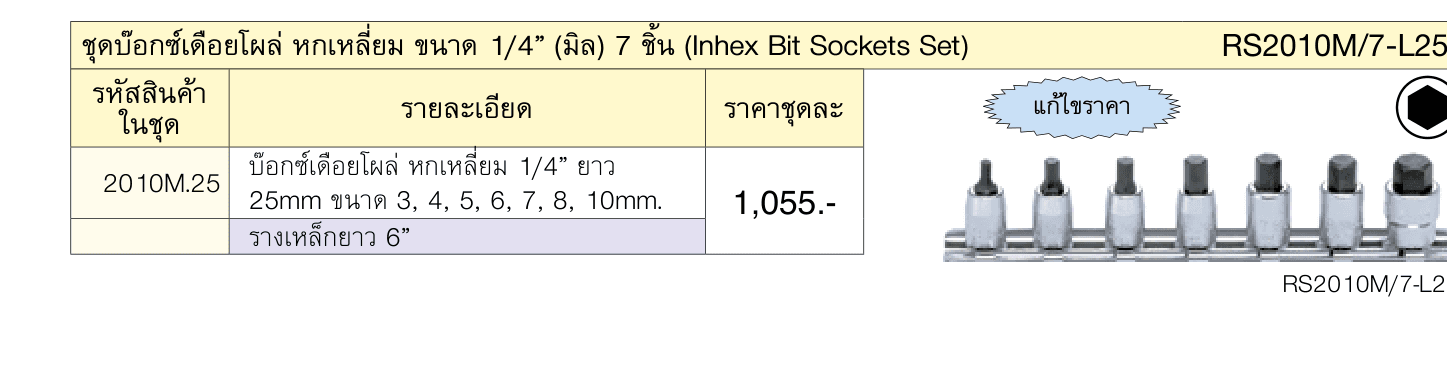 ชุดบ๊อกซ์เดือยโผล่ หกเหลี่ยม ขนาด 1/4” (มิล) 7 ชิ้น (Inhex Bit Sockets Set)