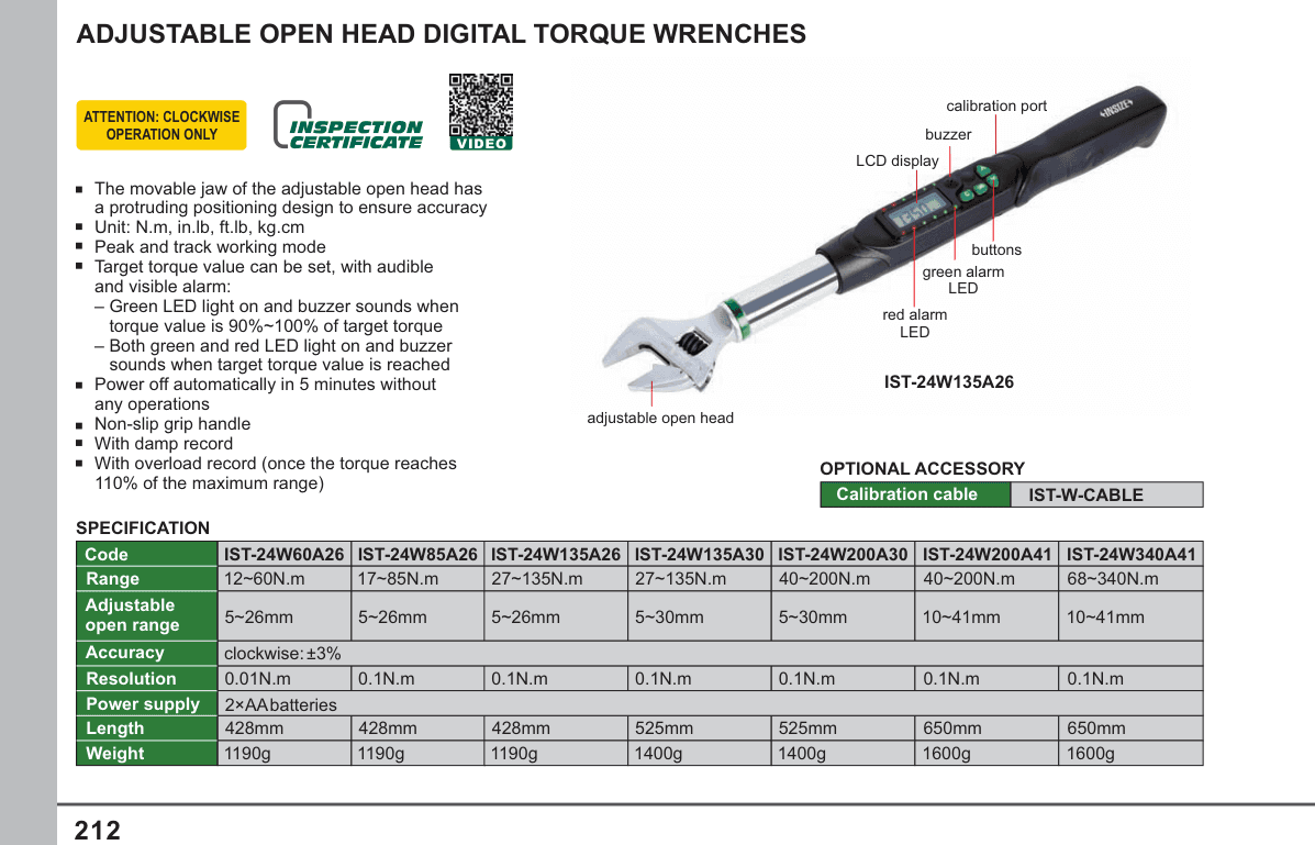 INSIZE Adjustable Open Head Digital Torque Wrenches (IST-24W85A26)