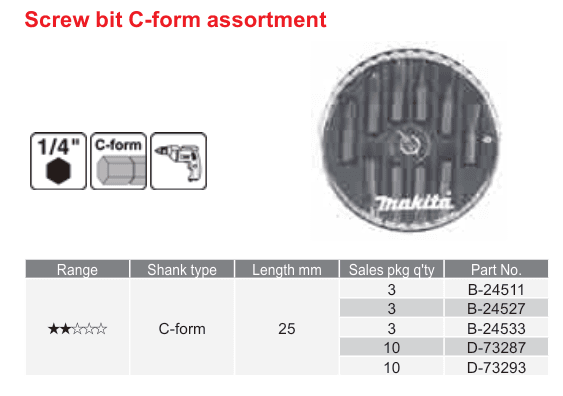 อุปกรณ์เสริม Makita — Screw bit C-form assortment