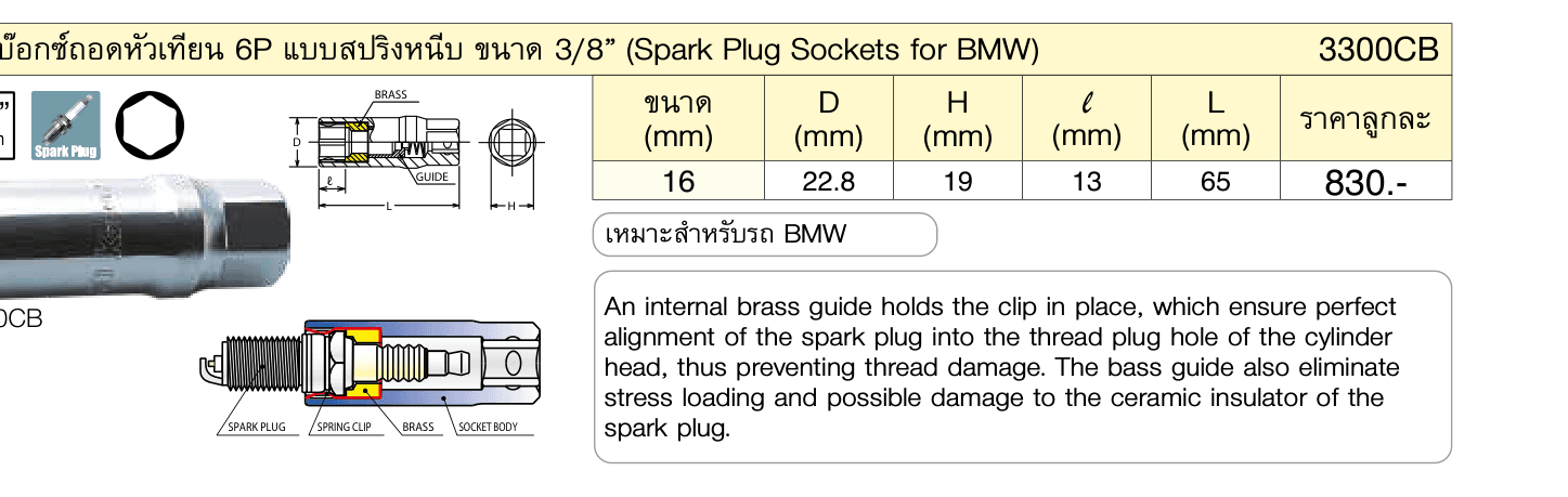 ลูกบ๊อกซ์ถอดหัวเทียน 6P แบบสปริงหนีบ ขนาด 3/8” (Spark Plug Sockets for BMW)