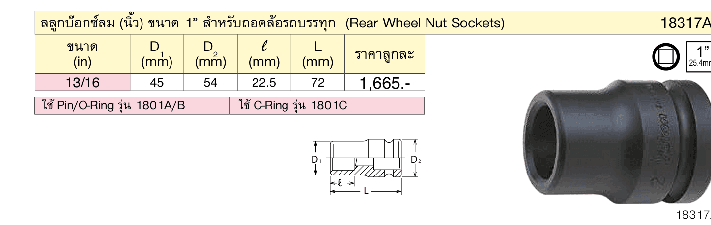 ลลูกบ๊อกซ์ลม (นิ้ว) ขนาด 1” สำ�หรับถอดล้อรถบรรทุก (Rear Wheel Nut Sockets)