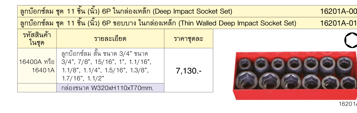 ลูกบ๊อกซ์ลม ชุด 11 ชิ้น (นิ้ว) 6P ในกล่องเหล็ก (Deep Impact Socket Set)