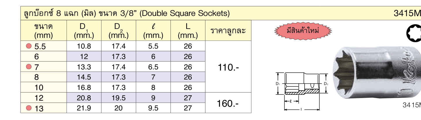 ลูกบ๊อกซ์ 8 แฉก (มิล) ขนาด 3/8” (Double Square Sockets)