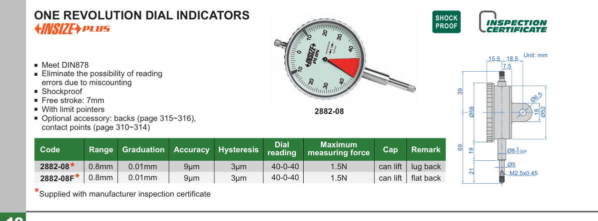INSIZE One Revolution Dial Indicators (2882-08)