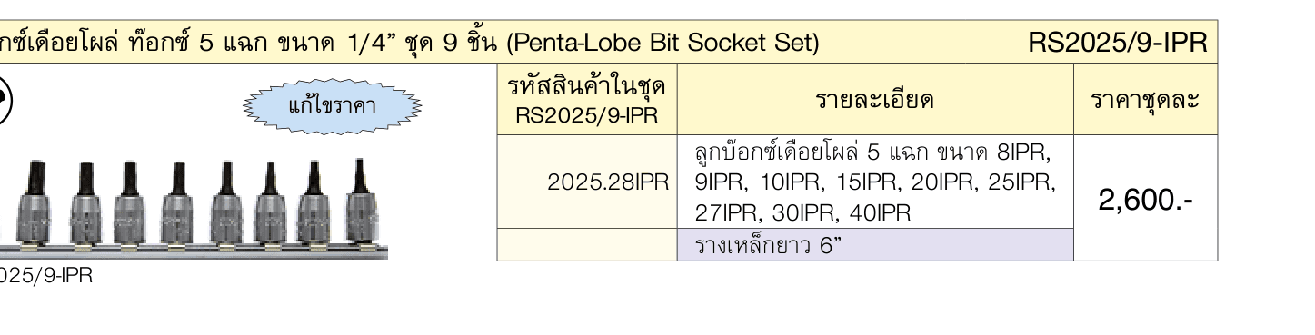 บ๊อกซ์เดือยโผล่ ท๊อกซ์ 5 แฉก ขนาด 1/4” ชุด 9 ชิ้น (Penta-Lobe Bit Socket Set)