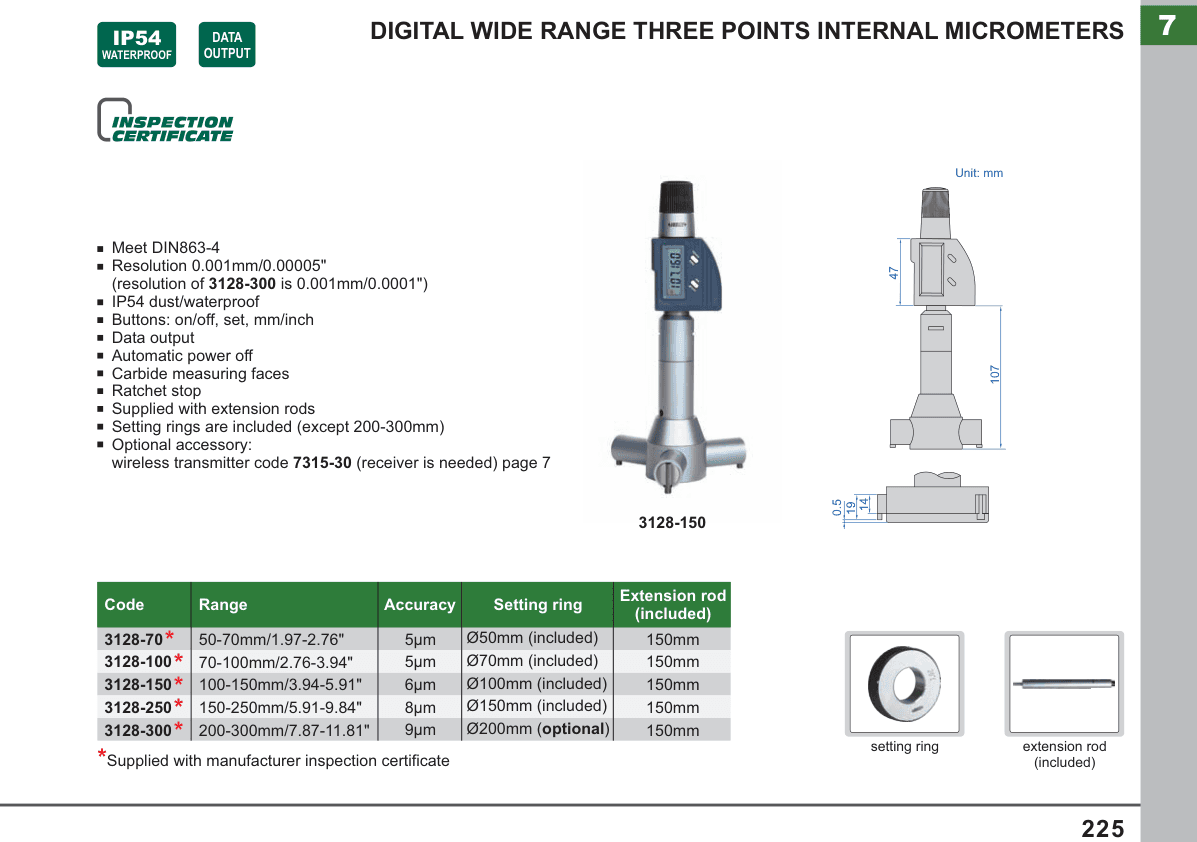 INSIZE Digital Wide Range Three Points Internal Micrometers (3128-150)
