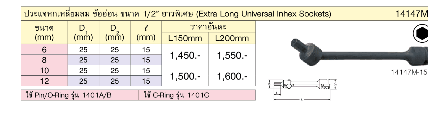 ประแจหกเหลี่ยมลม ข้ออ่อน ขนาด 1/2” ยาวพิเศษ (Extra Long Universal Inhex Sockets)