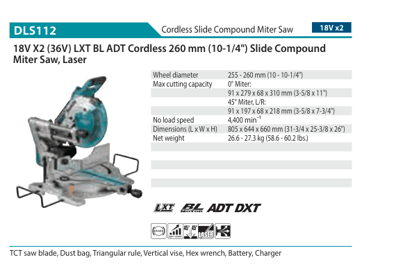 เลื่อยองศาสไลด์ไร้สาย Makita DLS112