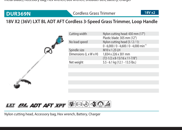 เครื่องตัดหญ้าไร้สาย Makita DUR369N