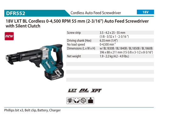 ไขควงป้อนสกรูอัตโนมัติไร้สาย Makita DFR552