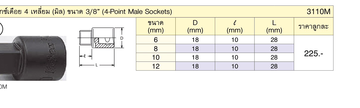บ๊อกซ์เดือย 4 เหลี่ยม (มิล) ขนาด 3/8” (4-Point Male Sockets)