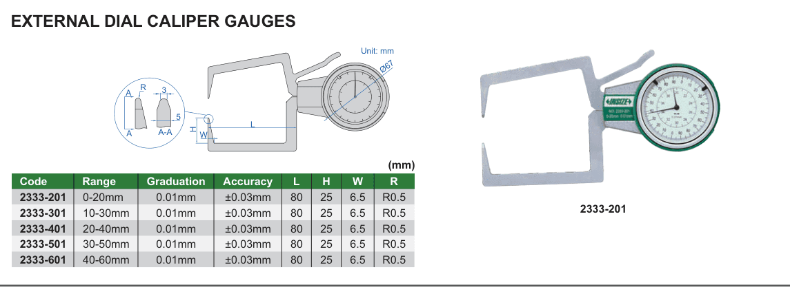 INSIZE External Dial Caliper Gauges (2333-201)