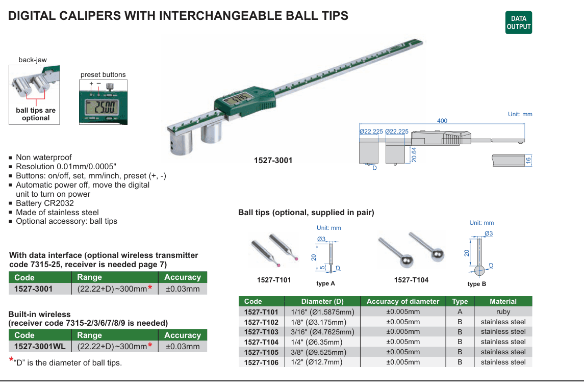 INSIZE Digital Calipers With Interchangeable Ball Tips (1527-3001)