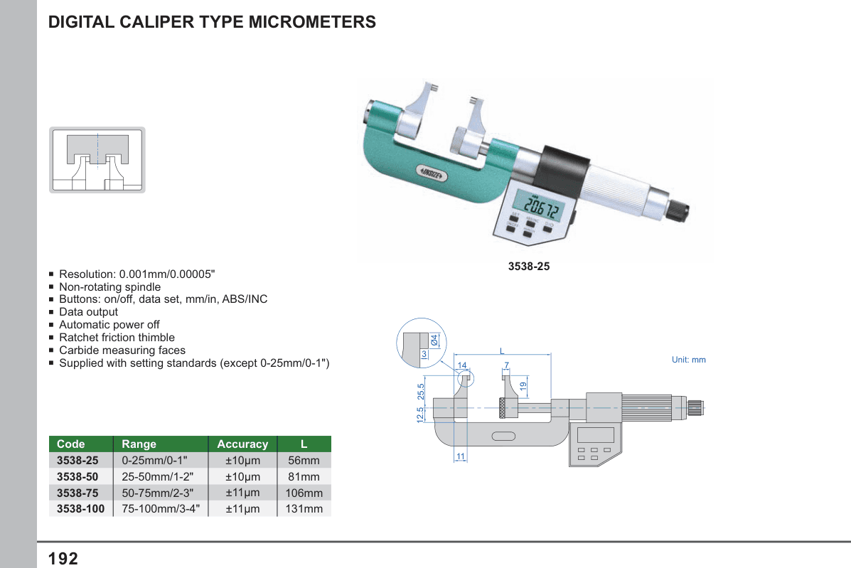 INSIZE Digital Caliper Type Micrometers (3538-25)