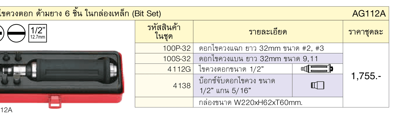 ขุดไขควงตอก ด้ามยาง 6 ชิ้น ในกล่องเหล็ก (Bit Set)