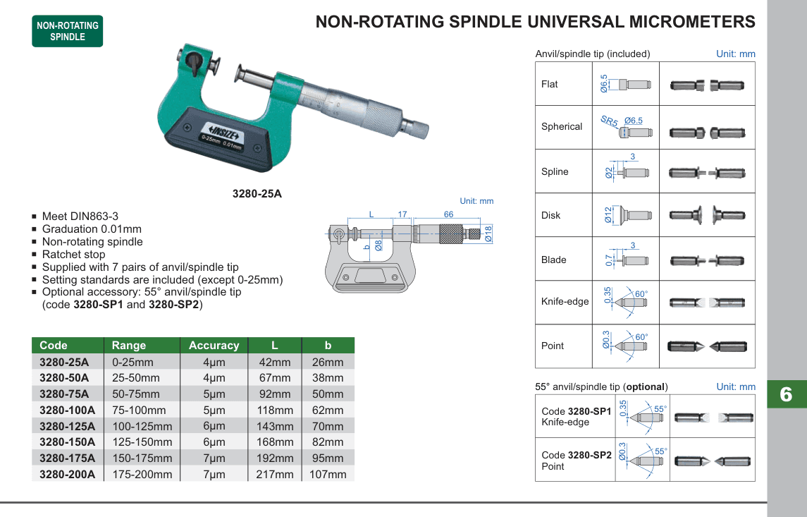 INSIZE Non-Rotating Spindle Universal Micrometers (3280-25A)