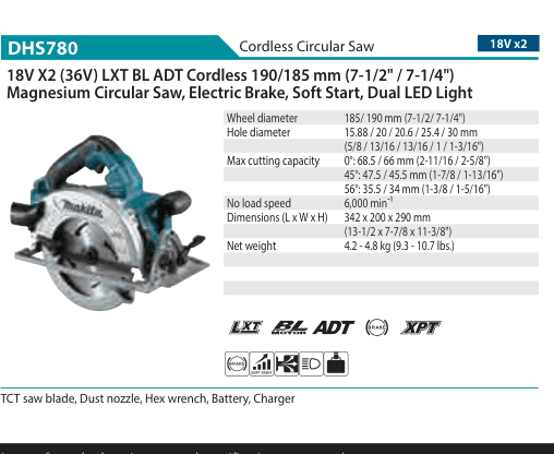 เลื่อยวงเดือนไร้สาย Makita DHS780