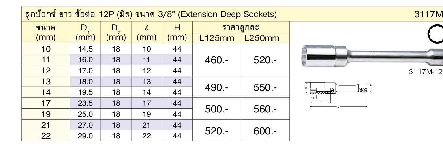 ลูกบ๊อกซ์ ยาว ข้อต่อ 12P (มิล) ขนาด 3/8” (Extension Deep Sockets)