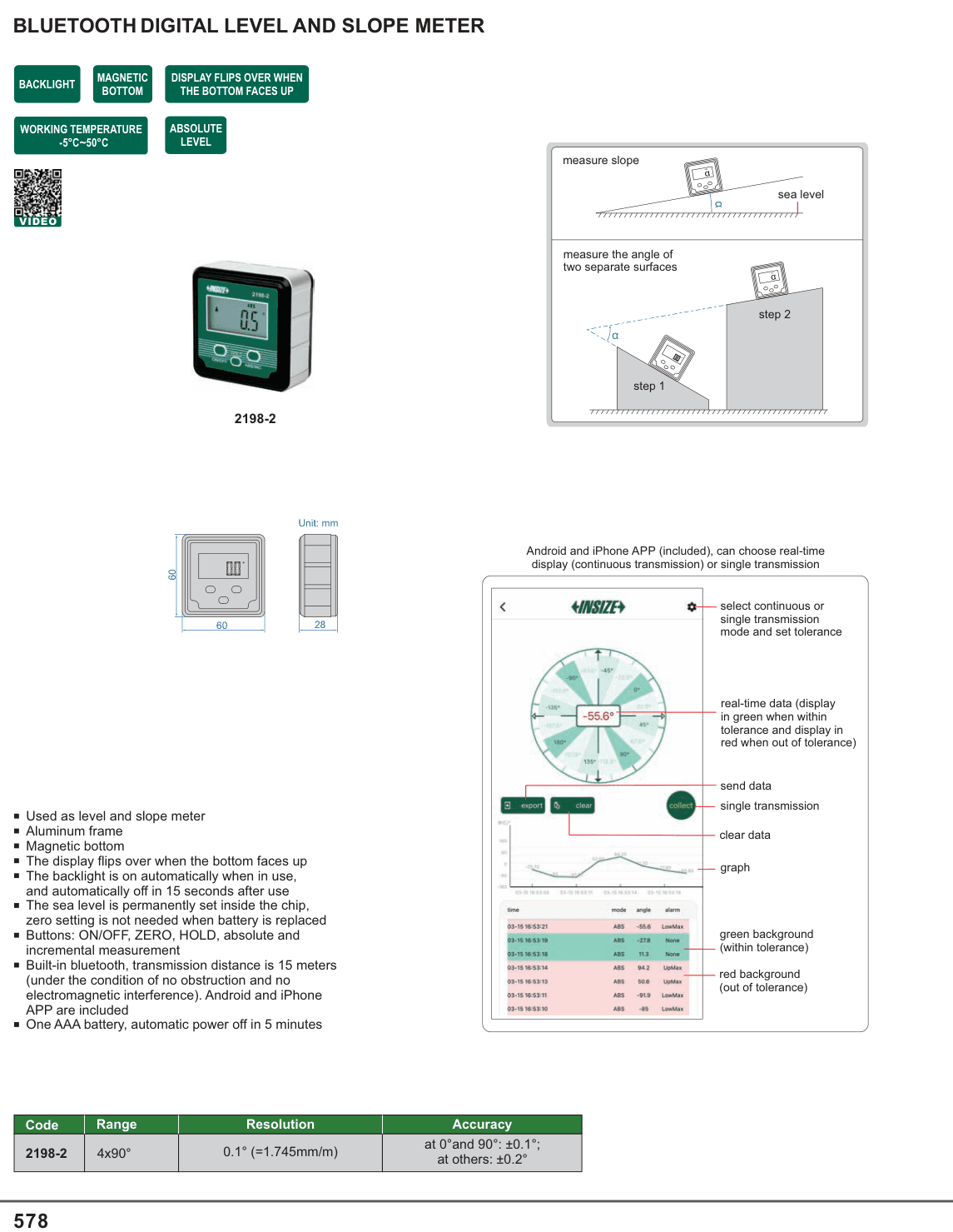 INSIZE Bluetooth Digital Level And Slope Meter (2198-2)