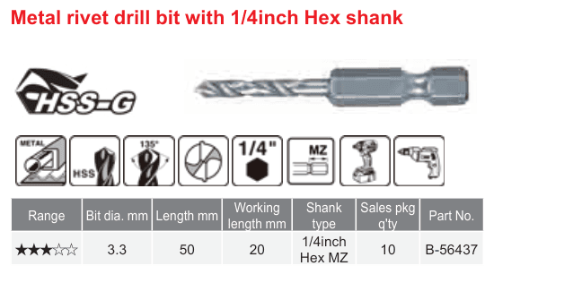 อุปกรณ์เสริม Makita — Metal rivet drill bit with 1/4inch Hex shank