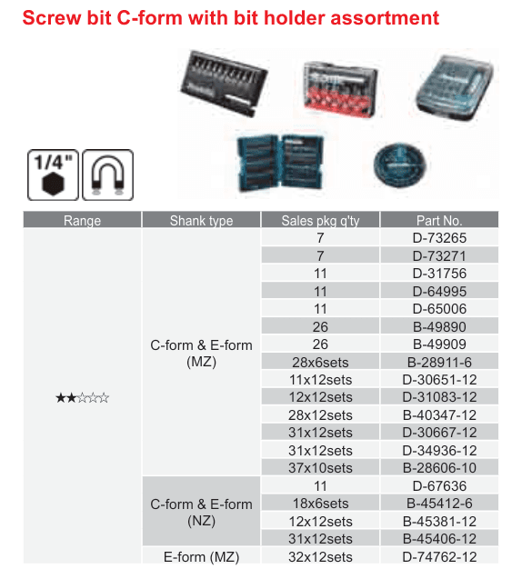 อุปกรณ์เสริม Makita — Screw bit C-form with bit holder assortment