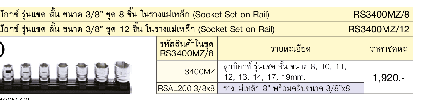 ชุดบ๊อกซ์ รุ่นแชด สั้น ขนาด 3/8” ชุด 8 ชิ้น ในรางแม่เหล็ก (Socket Set on Rail)
