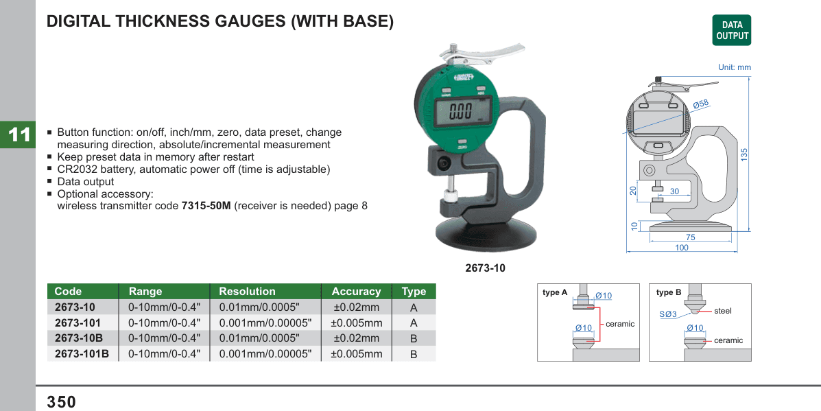 INSIZE Digital Thickness Gauges (With Base) (2673-10)