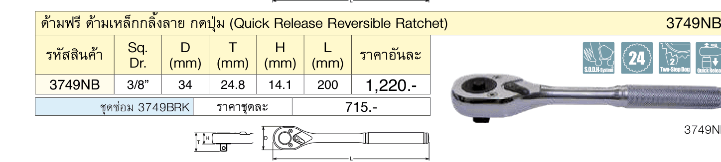 ด้ามฟรี ด้ามเหล็กกลิ้งลาย กดปุ่ม (Quick Release Reversible Ratchet)