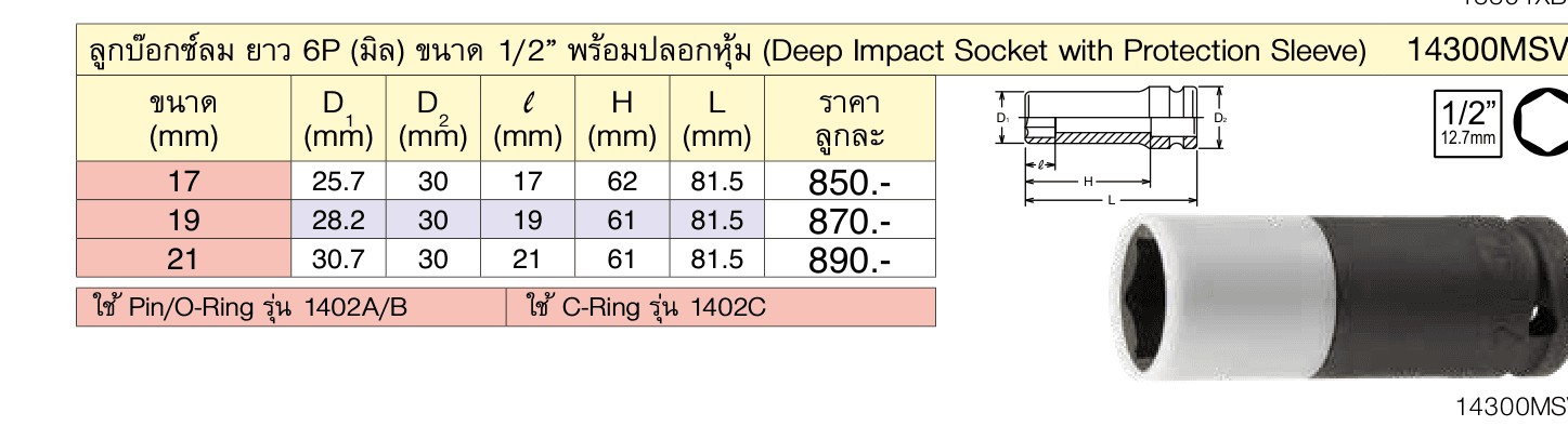 ลูกบ๊อกซ์ลม ยาว 6P (มิล) ขนาด 1/2” พร้อมปลอกหุ้ม (Deep Impact Socket with Protection Sleeve)